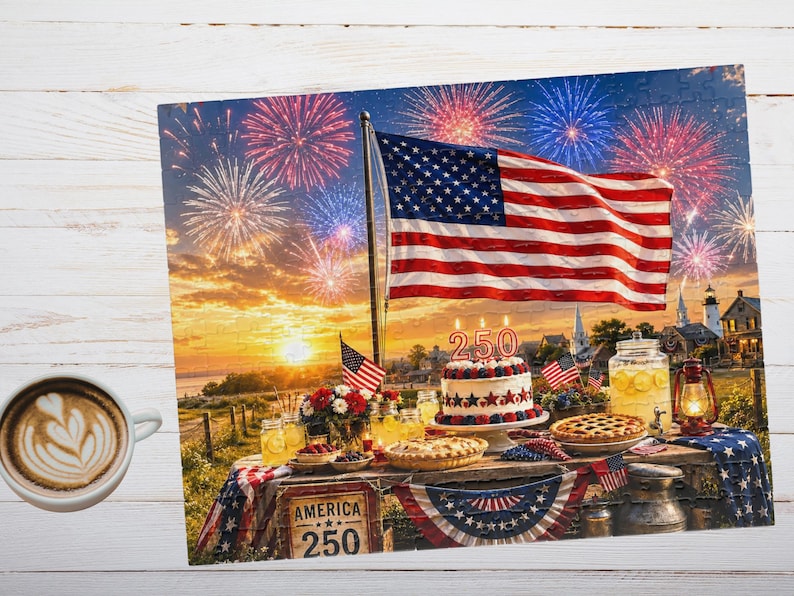 America 250th Anniversary Puzzle, Red White Blue Patriotic Summer Jigsaw, USA Flag Collectible