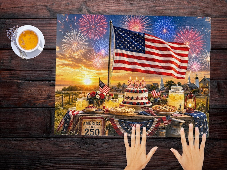 America 250th Anniversary Puzzle, Red White Blue Patriotic Summer Jigsaw, USA Flag Collectible