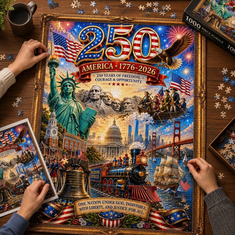 America 250th Anniversary Puzzle, Patriotic USA Jigsaw, Statue of Liberty & Mount Rushmore