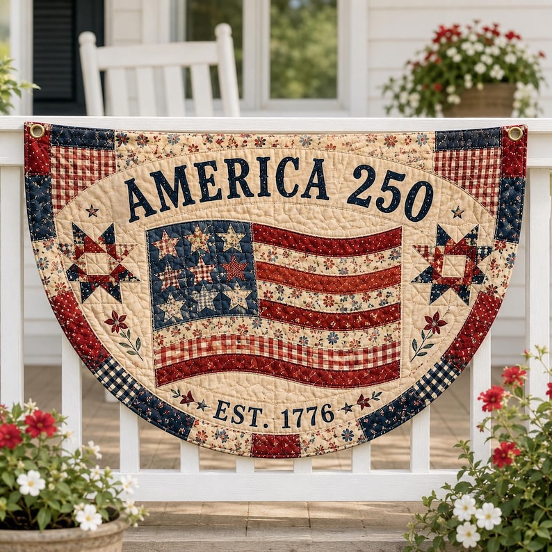 Faux Quilted Patchwork Style Fence Flag, Patriotic Americana Porch Print Bunting