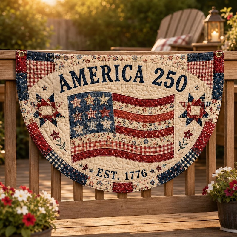 Faux Quilted Patchwork Style Fence Flag, Patriotic Americana Porch Print Bunting