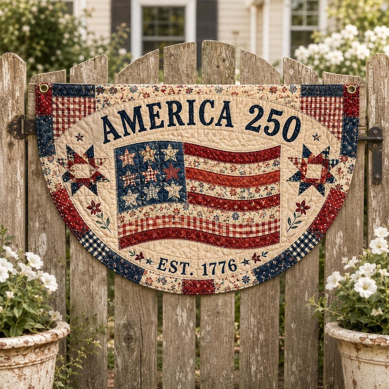 Faux Quilted Patchwork Style Fence Flag, Patriotic Americana Porch Print Bunting