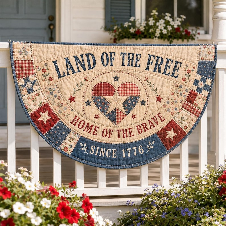 Faux Quilted Patchwork Style Fence Flag, Patriotic Americana Porch Print Bunting