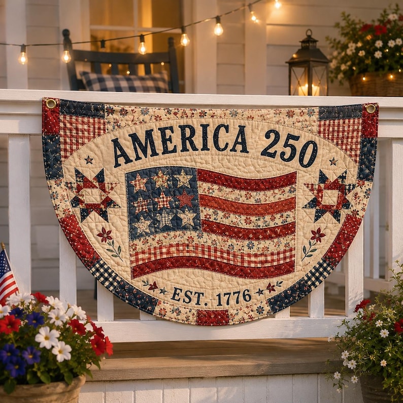 Faux Quilted Patchwork Style Fence Flag, Patriotic Americana Porch Print Bunting