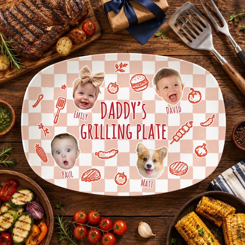 Personalized Pet & Kids Photo Dads Grilling Plate, Baby Face Photo Platter, BBQ Dad Gift