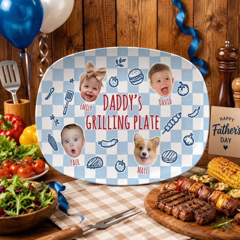 Personalized Pet & Kids Photo Dads Grilling Plate, Baby Face Photo Platter, BBQ Dad Gift