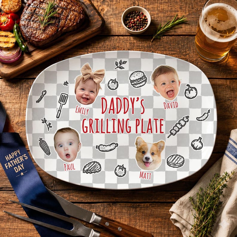Personalized Pet & Kids Photo Dads Grilling Plate, Baby Face Photo Platter, BBQ Dad Gift