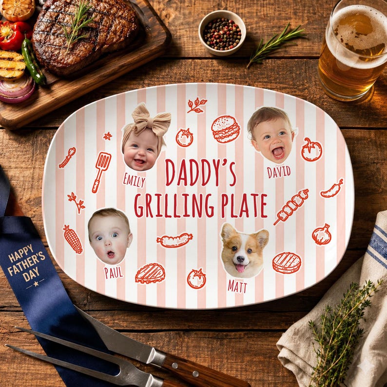 Personalized Pet & Kids Photo Dads Grilling Plate, Baby Face Photo Platter, BBQ Dad Gift