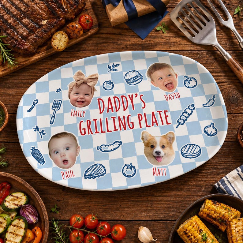 Personalized Pet & Kids Photo Dads Grilling Plate, Baby Face Photo Platter, BBQ Dad Gift