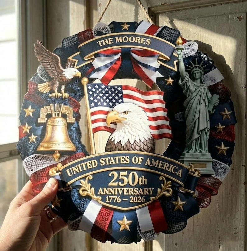Personalized America 250th Anniversary Wood Wreath, 1776-2026 Semiquincentennial Family Name Sign