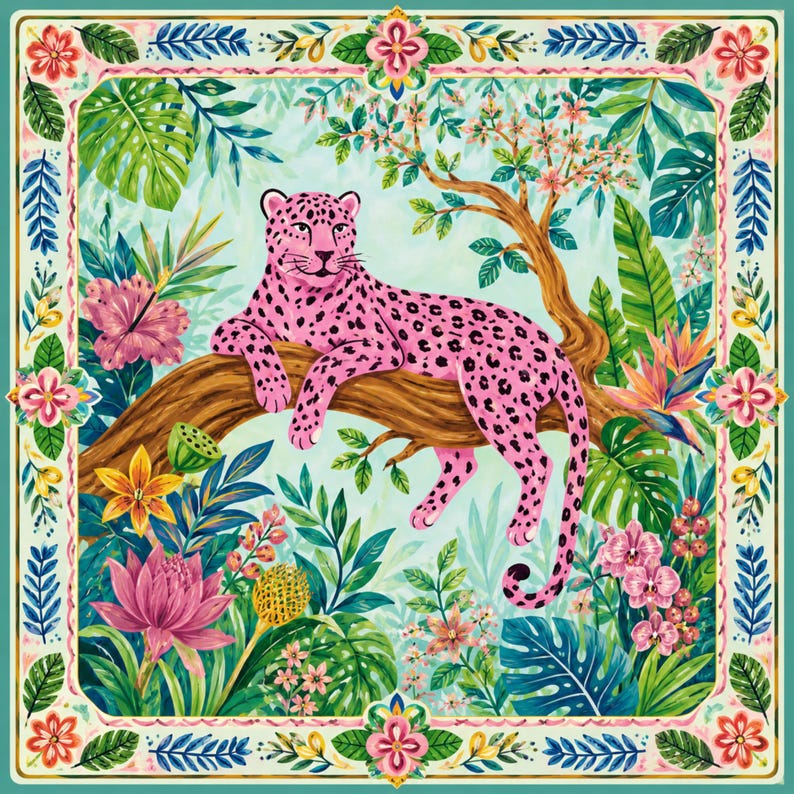 Pink Leopard Mahjong Mat, Tropical Jungle Monstera Palm Mahjong Table Cover, Game Night Gift