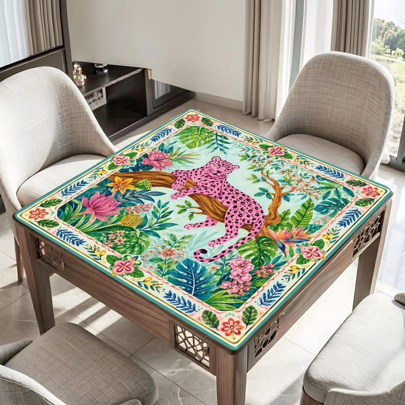 Pink Leopard Mahjong Mat, Tropical Jungle Monstera Palm Mahjong Table Cover, Game Night Gift