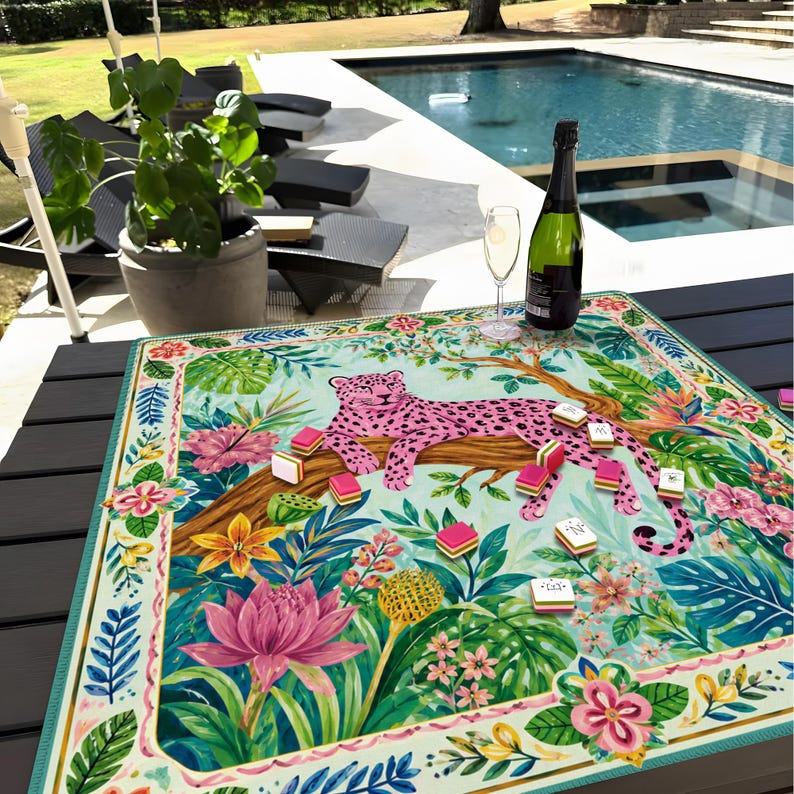 Pink Leopard Mahjong Mat, Tropical Jungle Monstera Palm Mahjong Table Cover, Game Night Gift