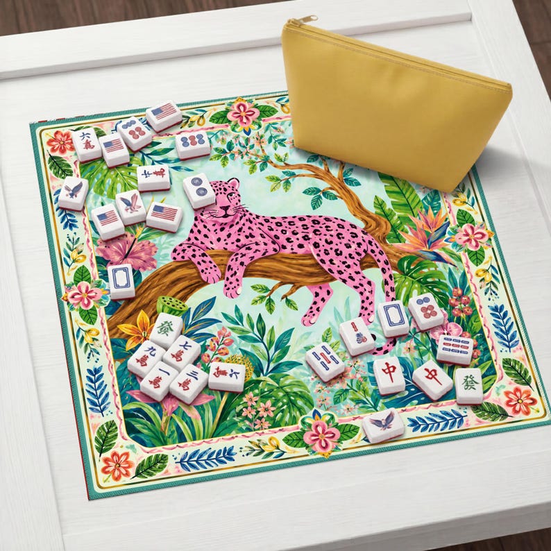 Pink Leopard Mahjong Mat, Tropical Jungle Monstera Palm Mahjong Table Cover, Game Night Gift