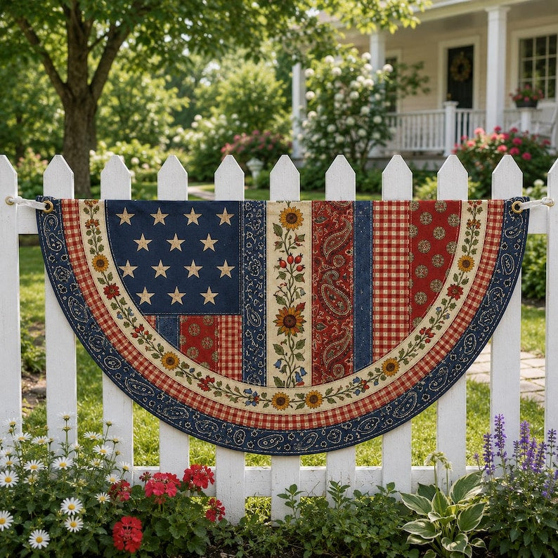 Patriotic Faux Patchwork Semicircle Fence Flag, Americana Quilt Style Outdoor Printing Banner