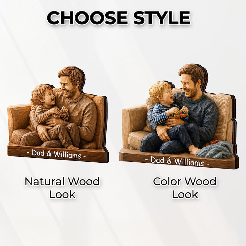 Personalized Family Portrait Wooden Sign, Dad and Kids Wood Block, Father’s Day Gift for Dad Grandpa