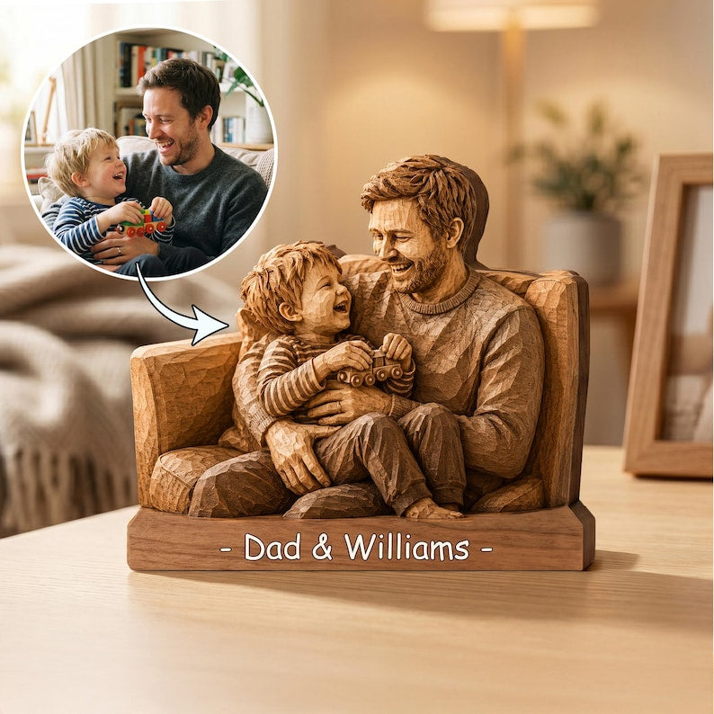 Personalized Family Portrait Wooden Sign, Dad and Kids Wood Block, Father’s Day Gift for Dad Grandpa