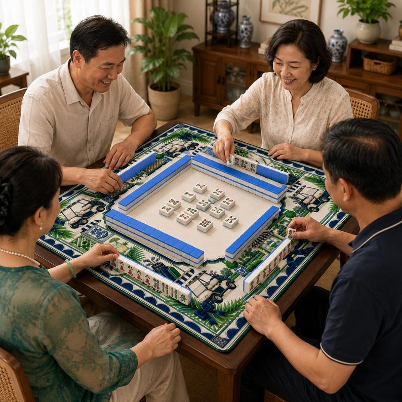 Golf Mahjong Mat, Country Club Cart Palm Tree Navy Blue Stripe Bow Game Night Gift, Non Slip Table Cover