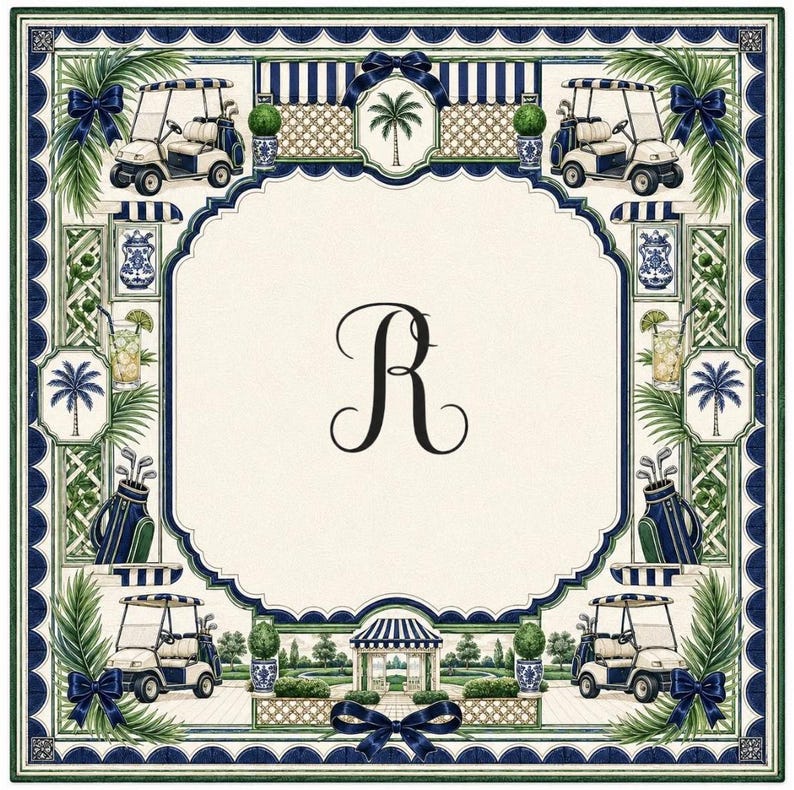 Golf Mahjong Mat, Country Club Cart Palm Tree Navy Blue Stripe Bow Game Night Gift, Non Slip Table Cover