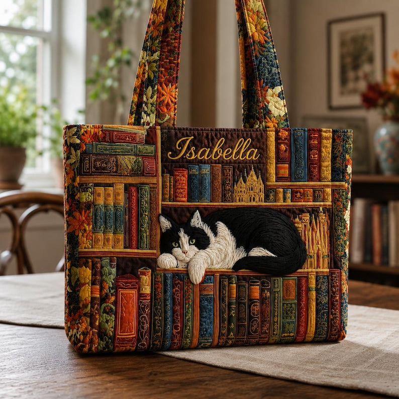 Custom Cat Quilted Tote Bag, Personalized Book Lover Cat Handbag, Cute Library Cat Tote Gift for Cat Lover