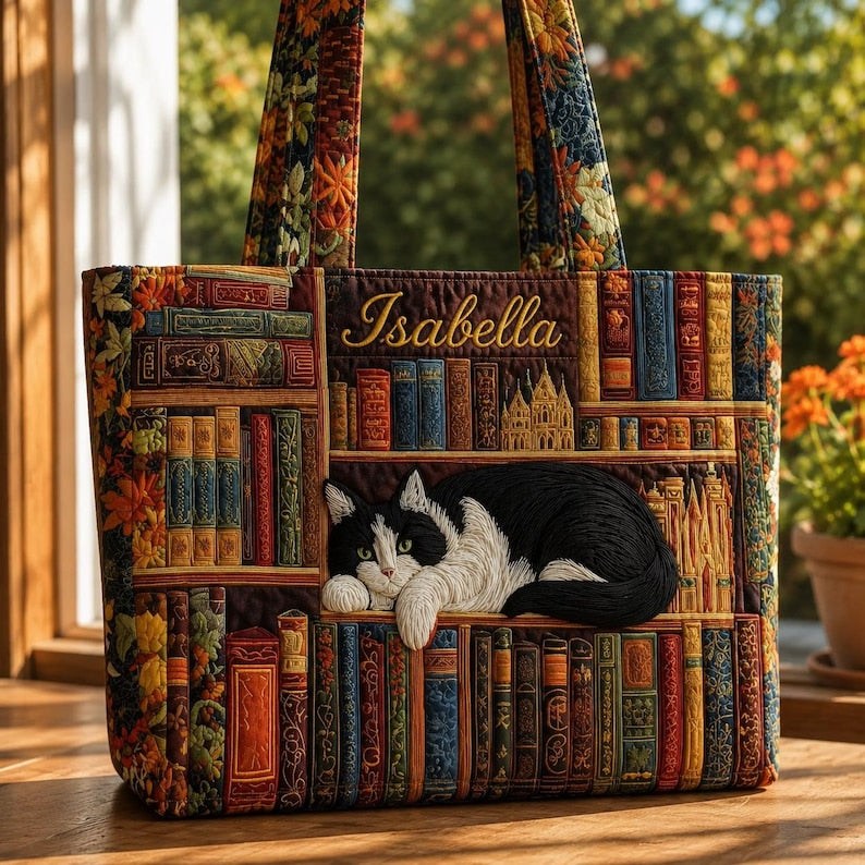 Custom Cat Quilted Tote Bag, Personalized Book Lover Cat Handbag, Cute Library Cat Tote Gift for Cat Lover