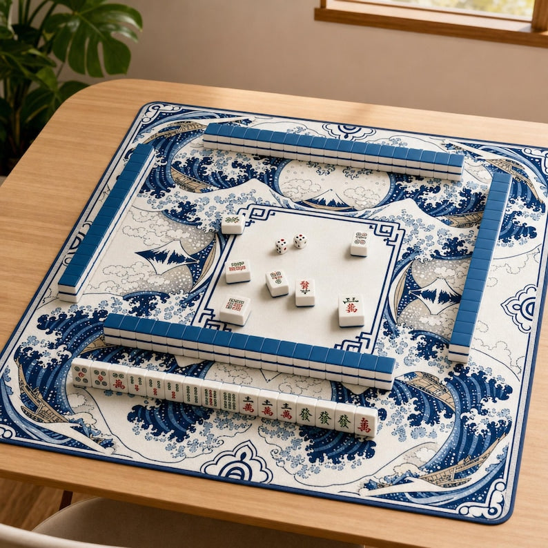 Wave Mahjong Mat, Hokusai Inspired Japanese Art with Mt Fuji & Indigo Waves, Edo Ukiyo-e Non Slip