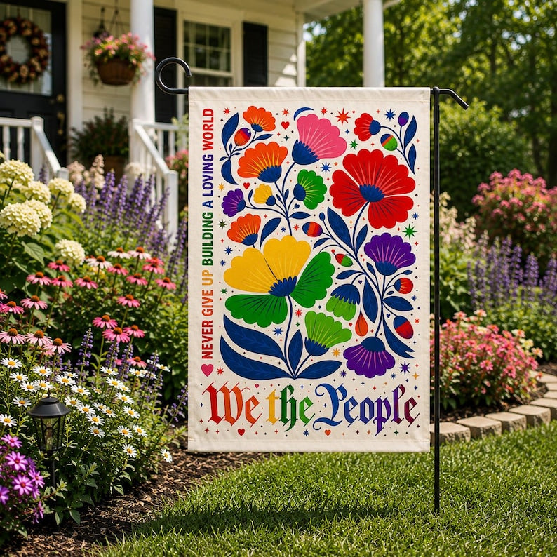 LGBT We The People Garden Flag, Rainbow Floral Pride Yard Decor, Inclusive Quote Flag