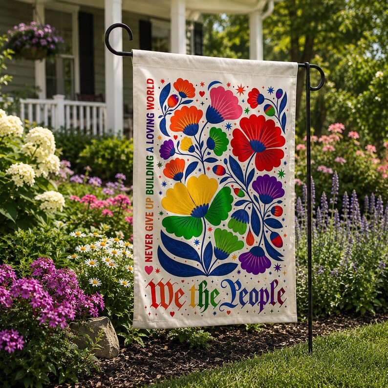LGBT We The People Garden Flag, Rainbow Floral Pride Yard Decor, Inclusive Quote Flag