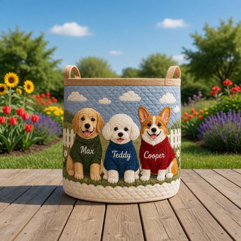 Custom Dog Quilted Laundry Basket, Personalized Pet Storage Bin, Dog Lover Gift, Laundry Hamper