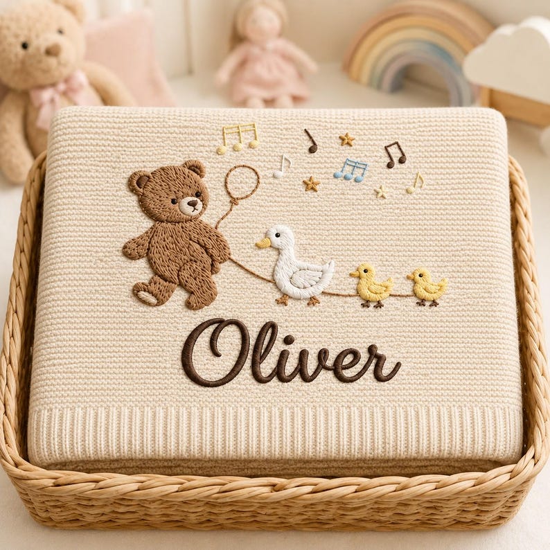 Personalized Teddy Bear Baby Blanket, Embroidered Name Blanket, Duck Baby Gift, Custom Newborn Gift