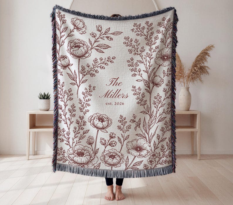 Personalized Woven Blanket, Anniversary Gift For Couple, Custom Wedding Family Name Blanket