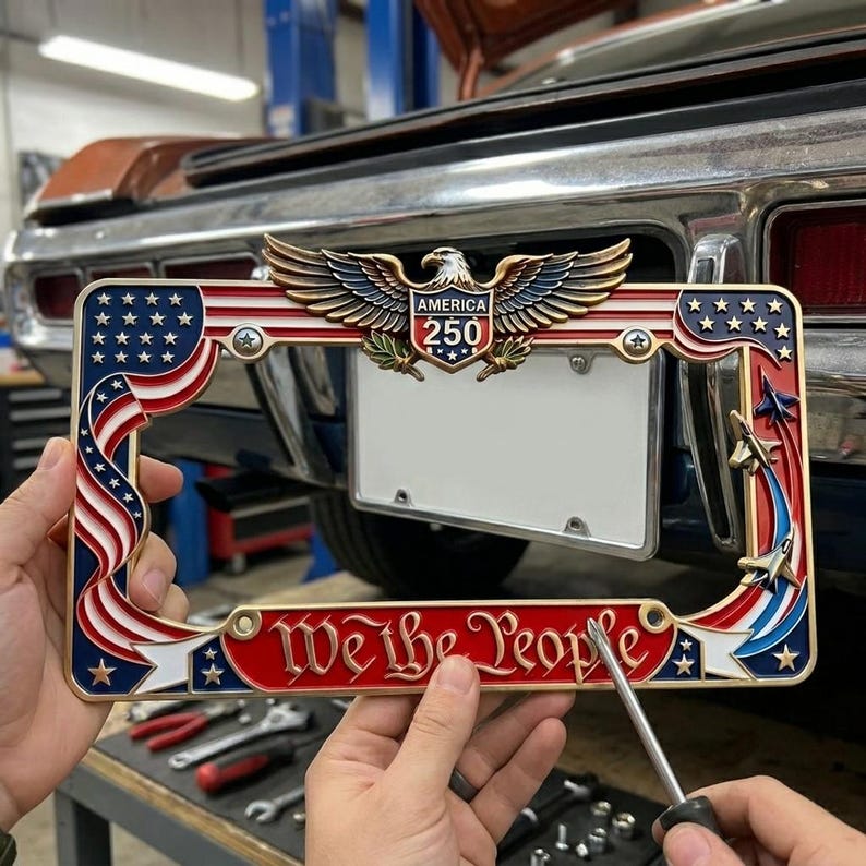 Patriotic We The People License Plate Frame, America 250th Anniversary Metal Car Tag Holder