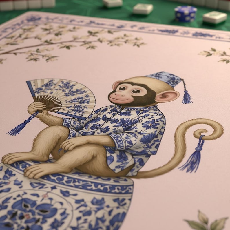 Chinoiserie Monkey With Cherry Blossom Mahjong Mat, Pink Background Floral Playing Mat, Botanical Watercolor Game Table Cover