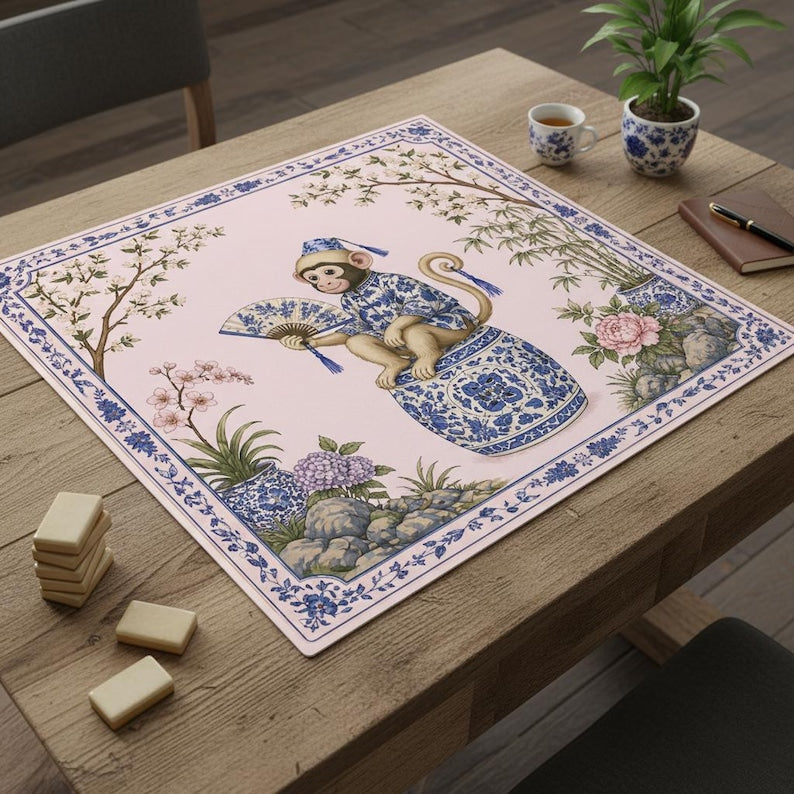 Chinoiserie Monkey With Cherry Blossom Mahjong Mat, Pink Background Floral Playing Mat, Botanical Watercolor Game Table Cover