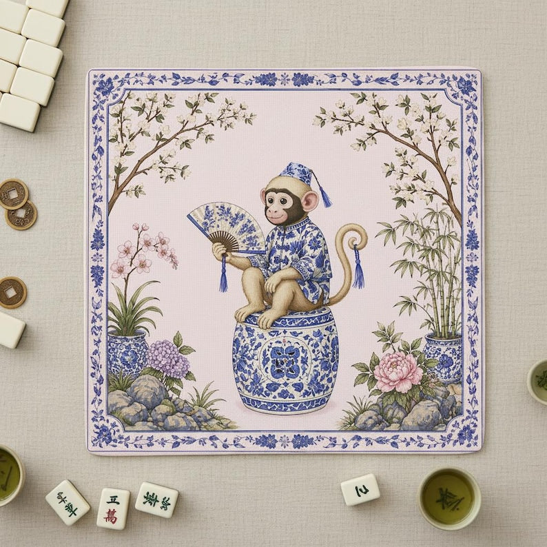 Chinoiserie Monkey With Cherry Blossom Mahjong Mat, Pink Background Floral Playing Mat, Botanical Watercolor Game Table Cover