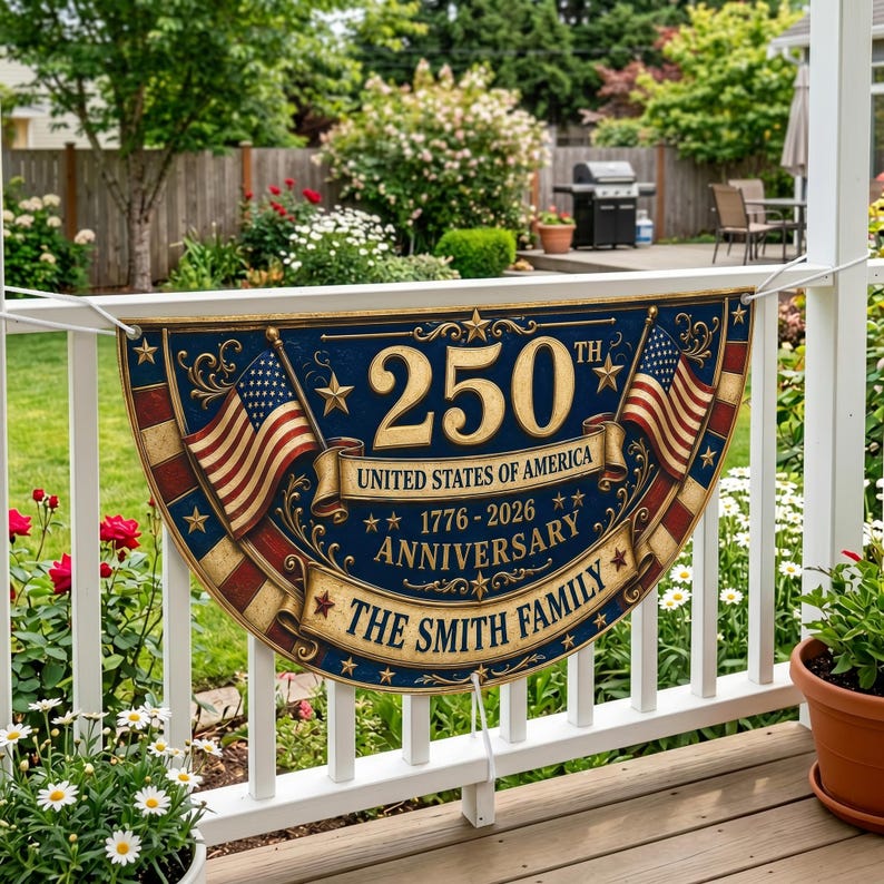 Personalized America 250th Anniversary Banner, Custom Family Name Patriotic Fence Flag