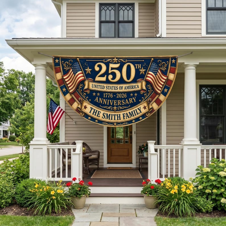 Personalized America 250th Anniversary Banner, Custom Family Name Patriotic Fence Flag
