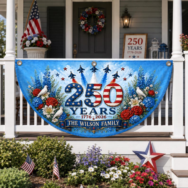 Personalized 250th Anniversary Banner, Custom Family Name Patriotic Bunting Flag