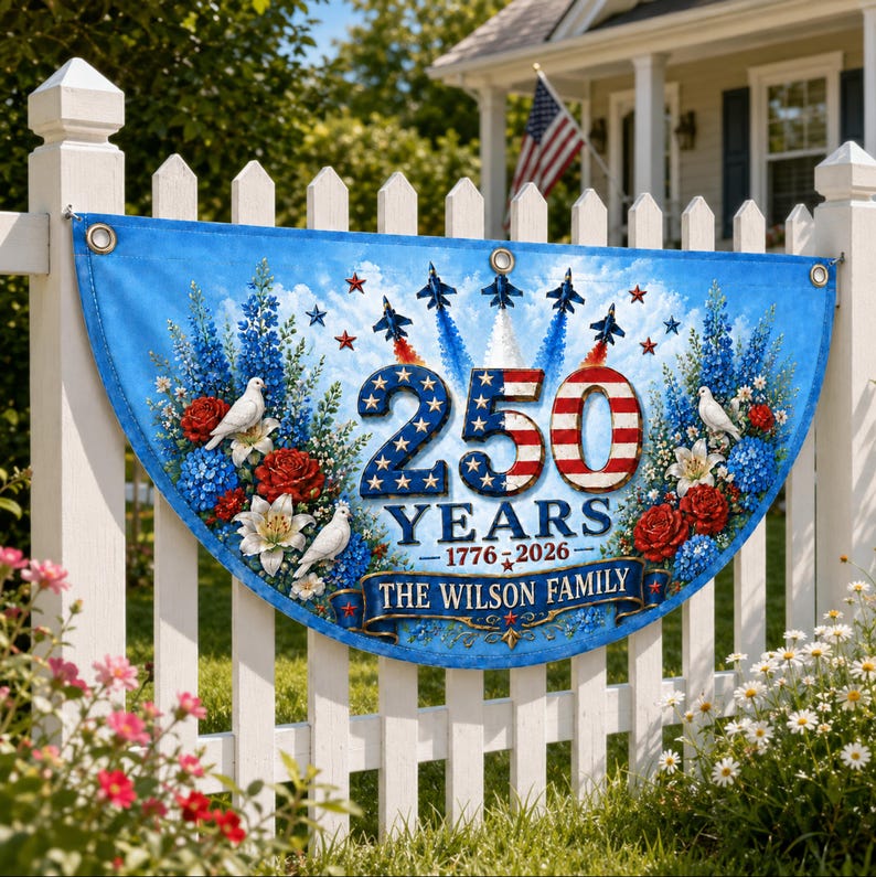 Personalized 250th Anniversary Banner, Custom Family Name Patriotic Bunting Flag