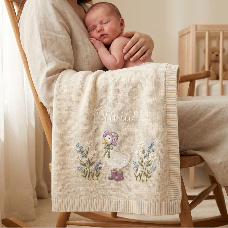 Personalized Wildflower Baby Blanket, Floral Baby Blanket, Embroidered Baby Knit Name Blanket, Newborn Name Blanket