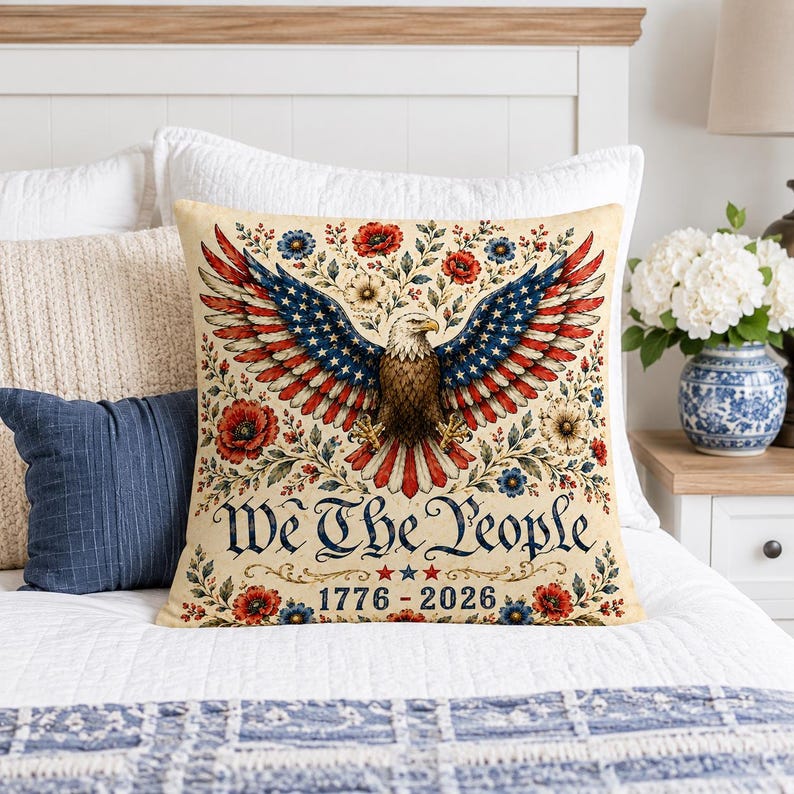Vintage Eagle Patriotic Pillow, Floral Eagle Throw Pillow, We The People Sofa Cushion