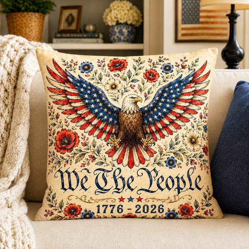 Vintage Eagle Patriotic Pillow, Floral Eagle Throw Pillow, We The People Sofa Cushion