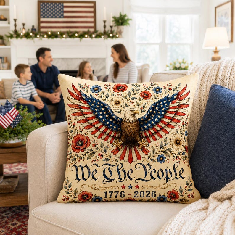 Vintage Eagle Patriotic Pillow, Floral Eagle Throw Pillow, We The People Sofa Cushion