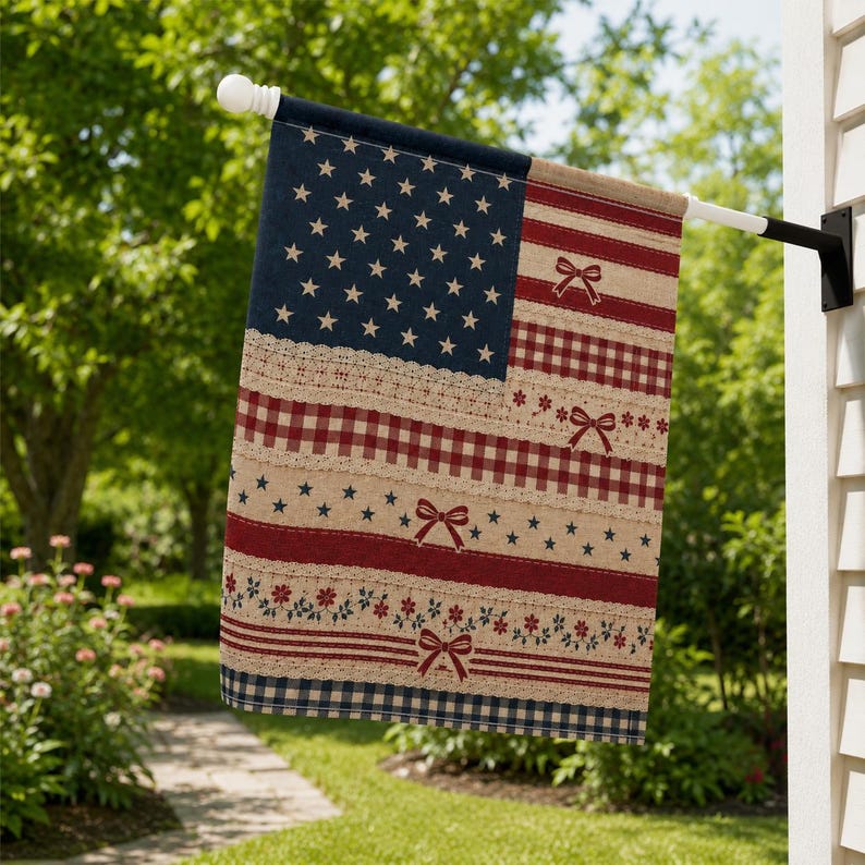 PRINT Patchwork America 250th Birthday Garden Flag, Patriotic USA Yard Flag