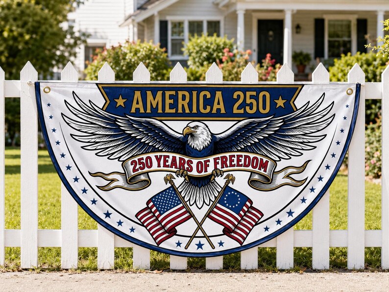 America 250 Semicircle Fence Flag | Bald Eagle Betsy Ross Flag Porch Decor