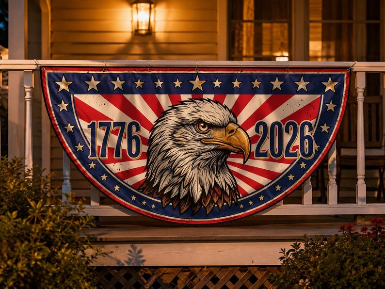 1776 2026 Bald Eagle Semicircle Fence Flag | USA 250th Anniversary Patriotic Porch Decor