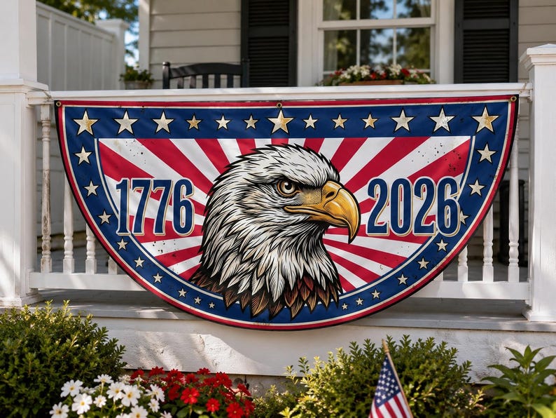1776 2026 Bald Eagle Semicircle Fence Flag | USA 250th Anniversary Patriotic Porch Decor