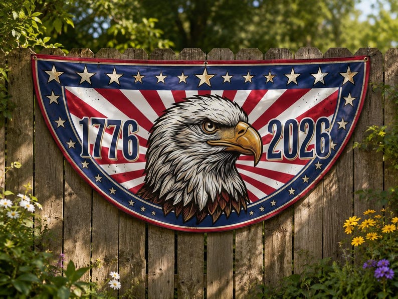 1776 2026 Bald Eagle Semicircle Fence Flag | USA 250th Anniversary Patriotic Porch Decor