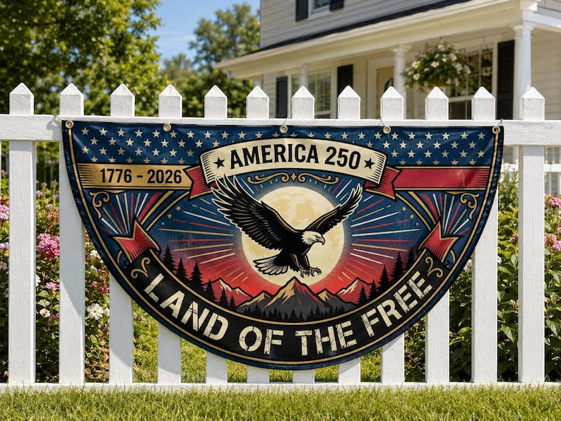 America 250 Land of the Free Fence Flag | 1776 2026 Eagle Sunset Patriotic Porch Decor