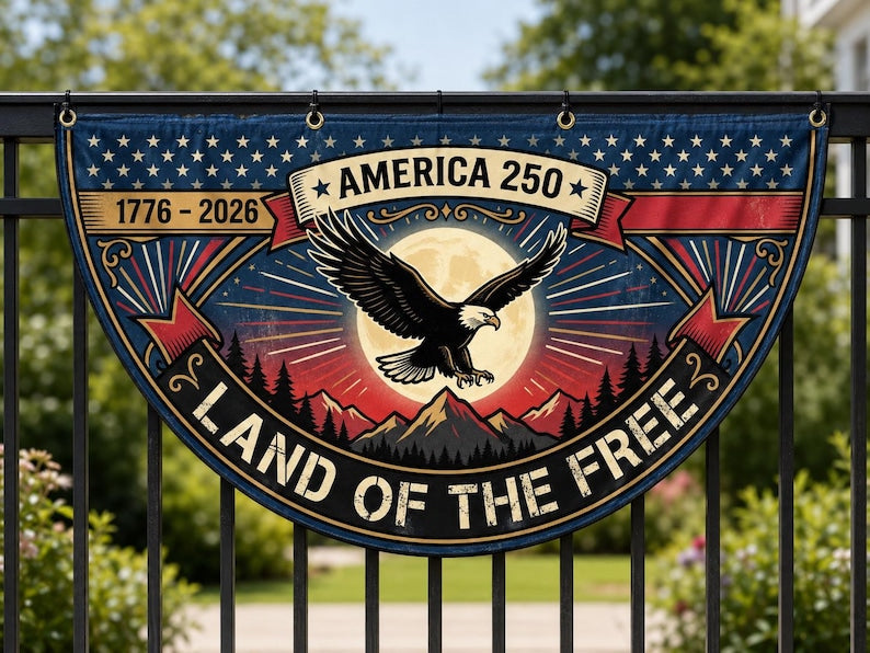 America 250 Land of the Free Fence Flag | 1776 2026 Eagle Sunset Patriotic Porch Decor